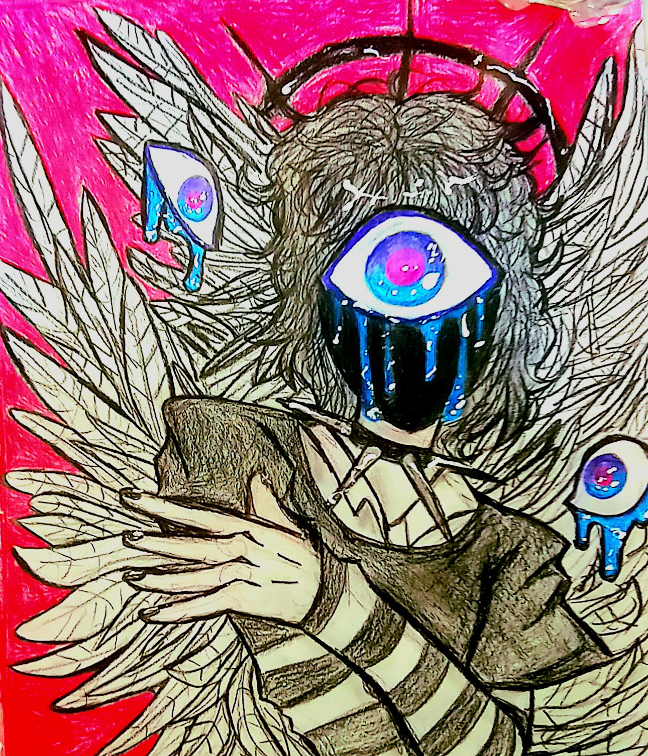 A drawing of an angelic like creature with one eye crying and clutching its arms.