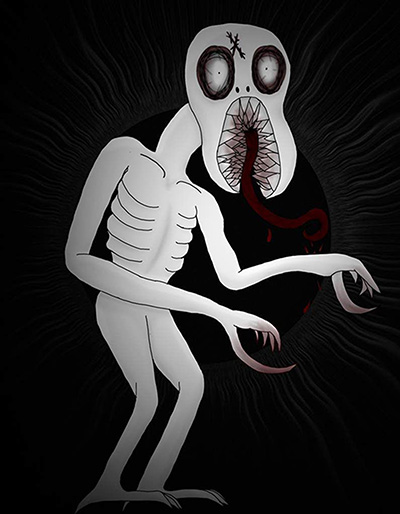 A tall white monster with lots of teeth and sharp claws