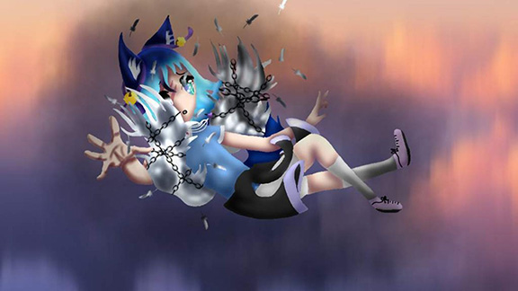 Drawing of a blue haired girl with wings falling through the sky