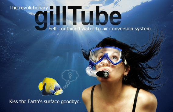 A woman underwater with text and a yellow fish