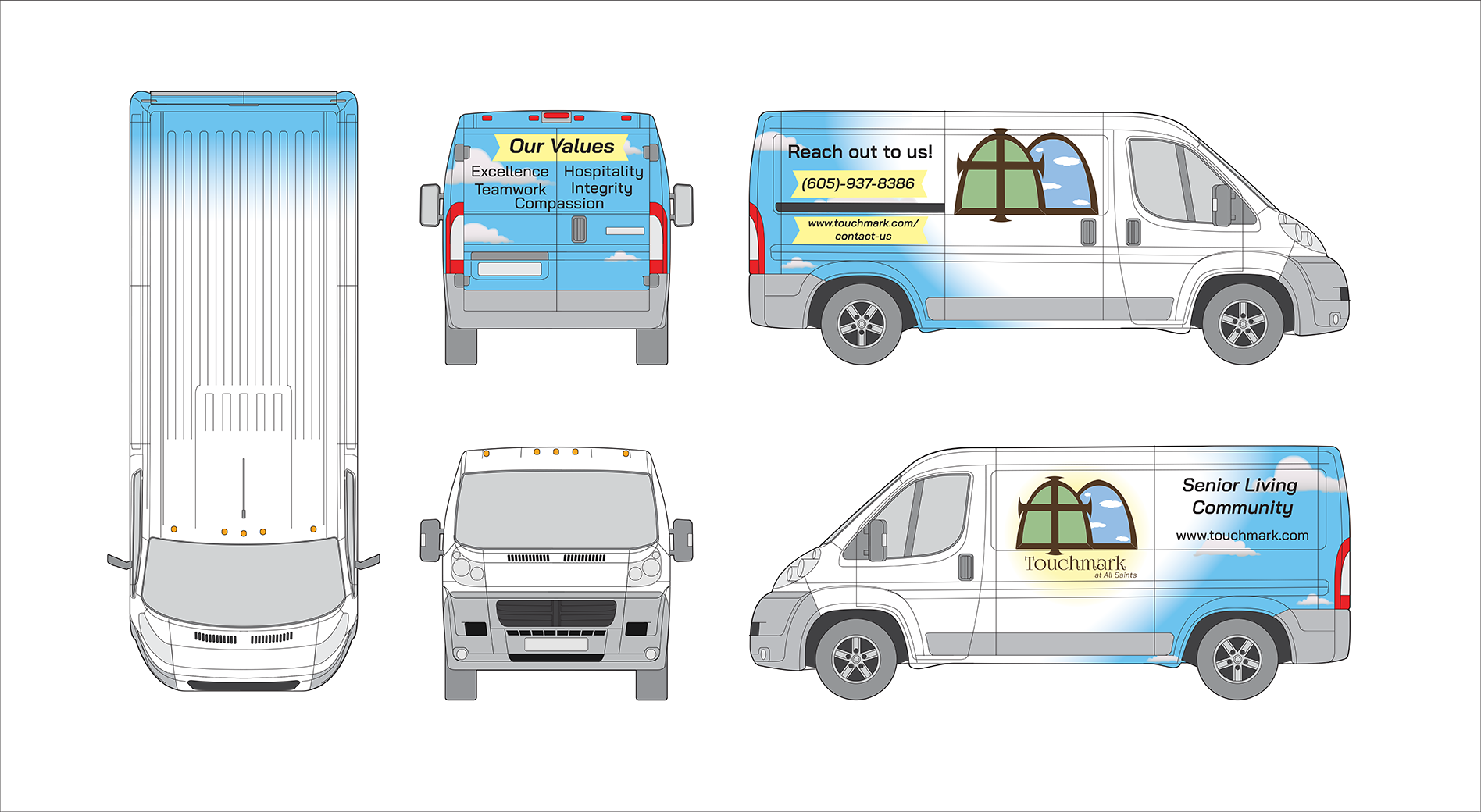 Various different angles of a van with a wrap design