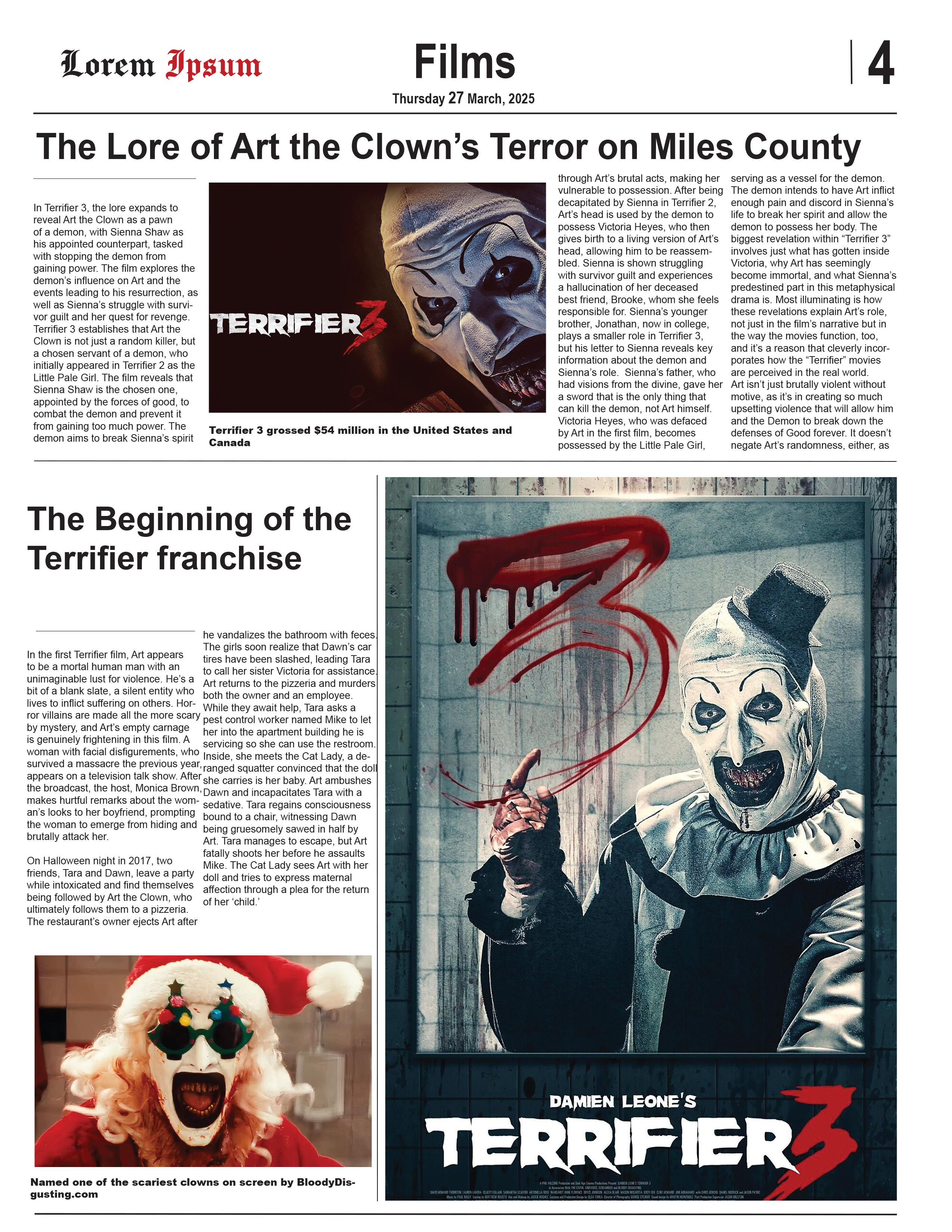Newspaper spread of the movie terrifier and art the clown