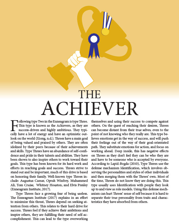 4th page of the Enneagram Project describing Type 3 with a symbol of a hand holding a trophy with a medal and ribbon on it, background color is golden yellow