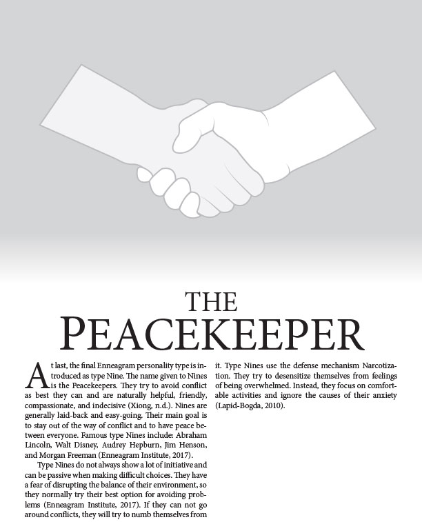 10th page of the Enneagram Project describing Type 9 with a symbol of shaking hands, background color is light gray