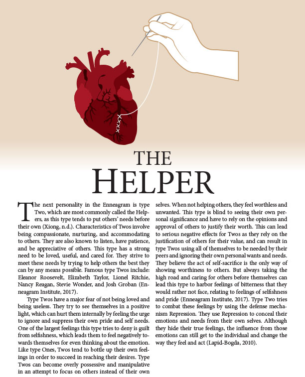 3rd page of the Enneagram Project describing Type 2 with a symbol of a hand sewing together an anatomical heart, background color is tan/beige