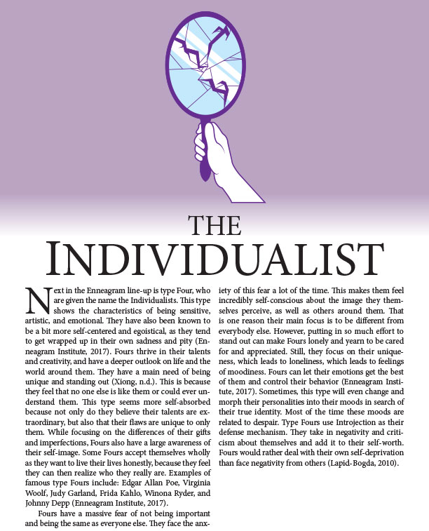 5th page of the Enneagram Project describing Type 4 with a symbol of a hand holding a broken mirror, background color is purple