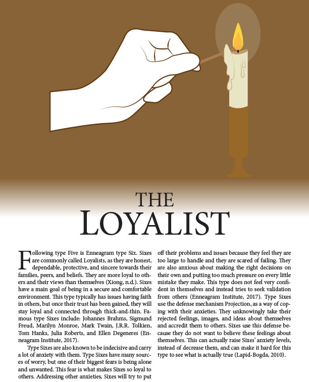 7th page of the Enneagram Project describing Type 6 with a symbol of a hand lighting a candle with a match, background color is brown