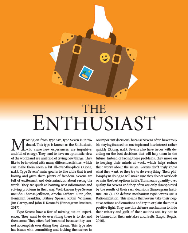 8th page of the Enneagram Project describing Type 7 with a symbol of a hand holding a traveling suitcase, background color is orange