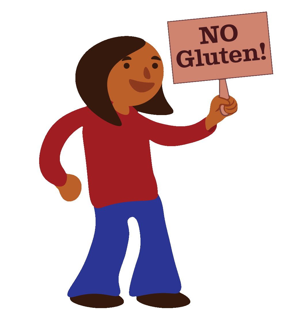 Animated gif of a cartoon girl in a red shirt and blue pants raising and lowering a pickett sign with the words No Gluten on it